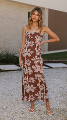 Carlia Midi Dress - Brown Daylillies